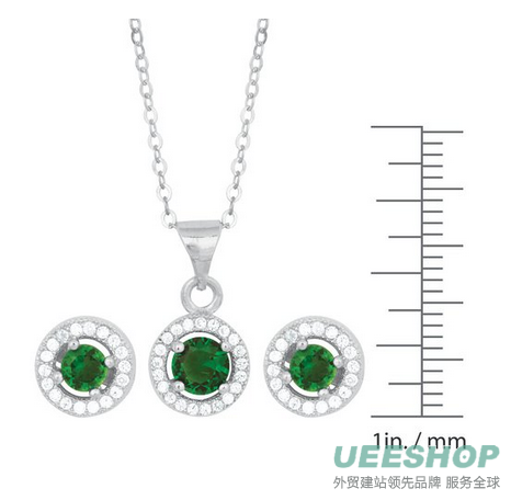 Sterling Silver Micro Pave CZ Halo Stud Earrings and Pendant Set with 18" Chain