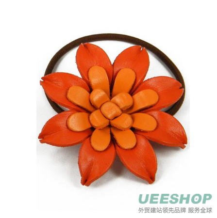 Orange Leather Gerbera Floral, Flower Ponytail Holder, Hair Tie, Bow 2.25" cab3