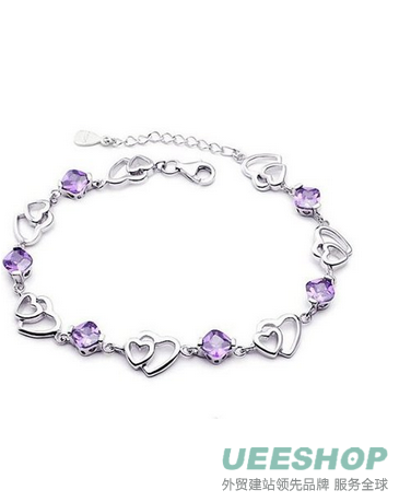 Outop 925 Sterling Silver Bracelet Double Purple Heart Crystal Bangle Bracelet