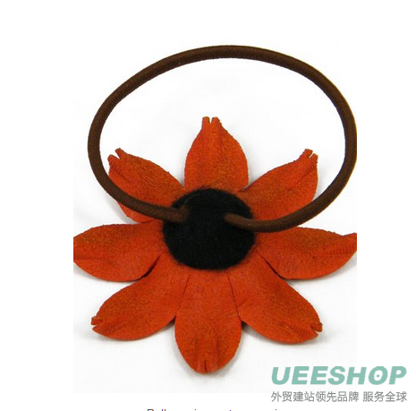 Orange Leather Gerbera Floral, Flower Ponytail Holder, Hair Tie, Bow 2.25" cab3