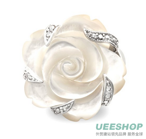 JanKuo Jewelry Carved Mother of Pearl Flower with CZ Cocktail Ring with Gift Box.