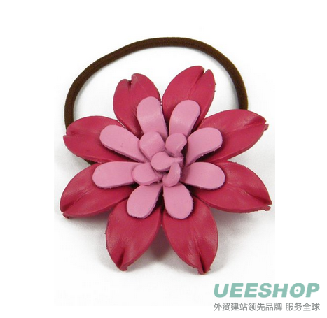 Pink Leather Gerbera Floral, Flower Ponytail Holder, Hair Tie, Bow 2.25" cab3