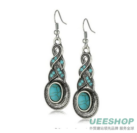 Yazilind Ethnic Tibetan Silver Oval Rimous Turquoise Crystal Drop Dangle Earrings