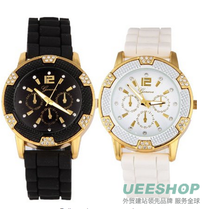 Black and White Rosegold Faux Chronograph Silicone Watch w/ Rhinestones