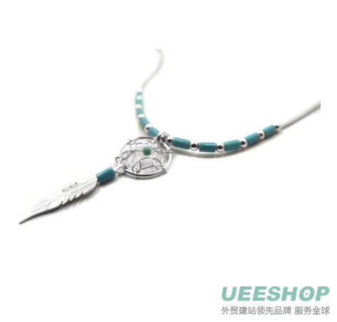 Dream Catcher Turquoise Imitation Necklace Medium Feather Earrings Set, 18"