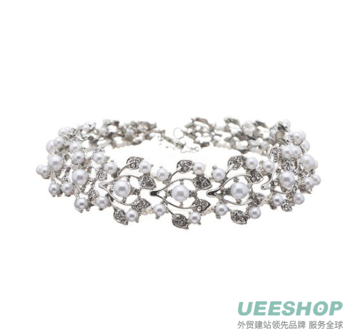 Bridal Wedding Jewelry Set Rhinestone Pearl Leaf White