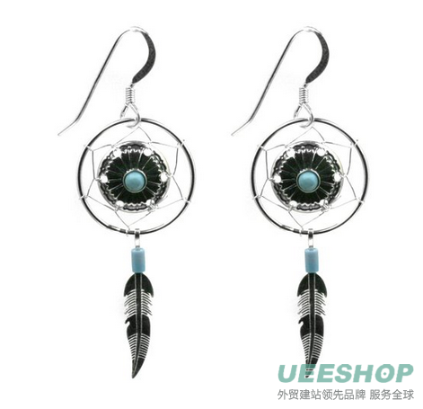 Dream Catcher Sterling Silver Turquoise Imitation Feather Earrings