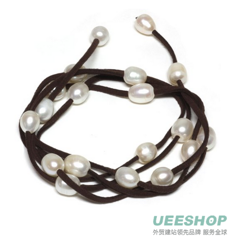 48" White Freshwater Pearl on Brown Leather Wrap Bracelet / Necklace