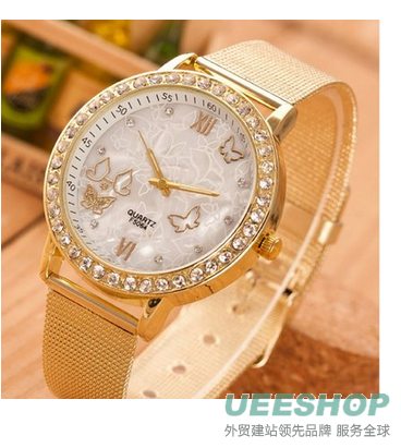 Bessky(TM) 2015 Gold Ladies Crystal Butterfly Gold Stainless Steel Mesh Band Wrist Watch