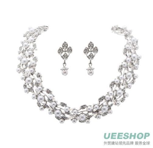 Bridal Wedding Jewelry Set Rhinestone Pearl Leaf White