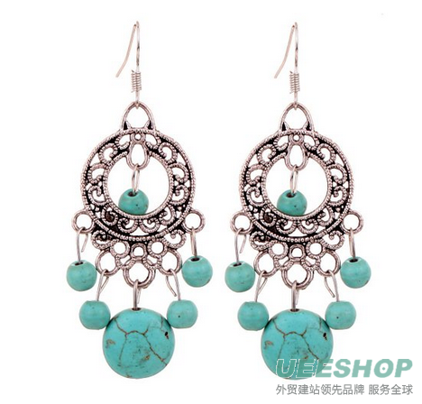 Yazilind Ethnic Tibetan Silver Round Turquoise Beads Drop Dangle Earrings