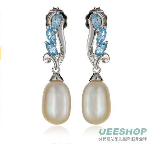 Sterling Silver, Swiss Blue Topaz, and Freshwater Cultured Pearl Earrings and Pendant Necklace Jewelry Set