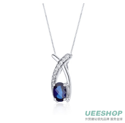 Created Sapphire Pendant Necklace Sterling Silver Rhodium Nickel Finish 1.00 Carats Checker Cut