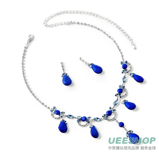 Silver Crystal Drapes with Sapphire Teardrop Accents Necklace & Matching Dangle Earrings Jewelry Set